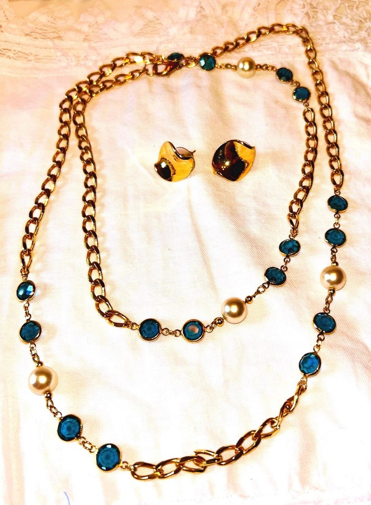 Blue Bezel & Pearl Chain Necklace and earrings • Gold Tone Layered Statement Jew