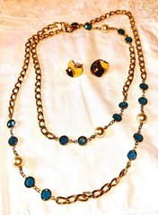 Blue Bezel & Pearl Chain Necklace and earrings • Gold Tone Layered Statement Jew