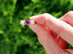 Antique and Vintage 1.29Ct Ruby and 0.60Ct Diamond 18k Yellow Gold Trilogy Ring