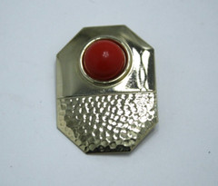 Vintage MCM Hammered Gold Tone Hammered Octagon Brooch Modern Red Cabochon