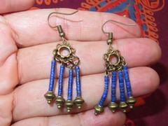 A Pair Of Nepal Tibet Vintage Ethnic Women Brass Laps Lazuli Bead Earrings (s1)