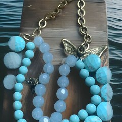 FOSSIL 3 Strand 24” Necklace Rhinestone Turquoise Blue Beads MOP BUTTERFLY & BEE