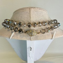 Vintage Smoky Gray Crystal Necklace Beaded Long Strand Magnetic Clasp 38″