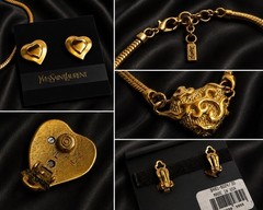 Vtg Yves Saint Laurent YSL Gold Baroque Heart Necklace And Earring Set NWT
