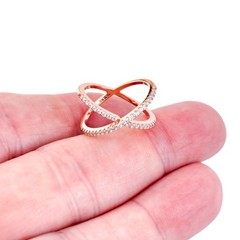 Rose Gold Tone Cubic Zirconia X-Band Ring | Vintage Sterling Silver | Size 5.25
