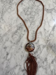 Vintage Cloisonne Enamel Phoenix Bird Pendant Necklace Brown Silk Cord Tassel