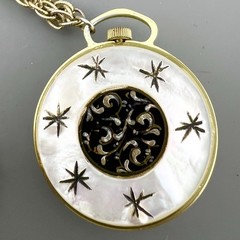 Vintage TODD Watch Necklace Atomic Mother of Pearl Mechanical Gold Tone 23”