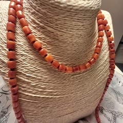 Vintage Necklace Genuine Orange Coral Barrel Red Glass Bead Spacers RARE 49″ ^