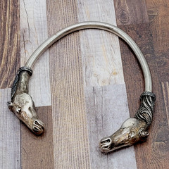 Double Horse Head Pewter Plated Copper w Patina Vintage 70s Torque Cuff Bracelet