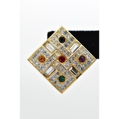 Swarovski Vintage Crystal Clip On Earrings Gold Chunky Multi-Color Signed BinBF