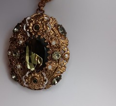 Vtg Western Germany Necklace Smoky Art Glass Faux Pearl Rhinestone Ornate 24″