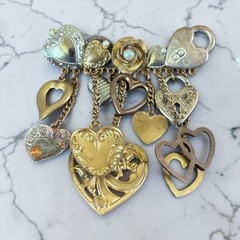 Vintage Sweetheart Charm Dangle Brooch Mixed Metal Hearts Romantic Assemblage