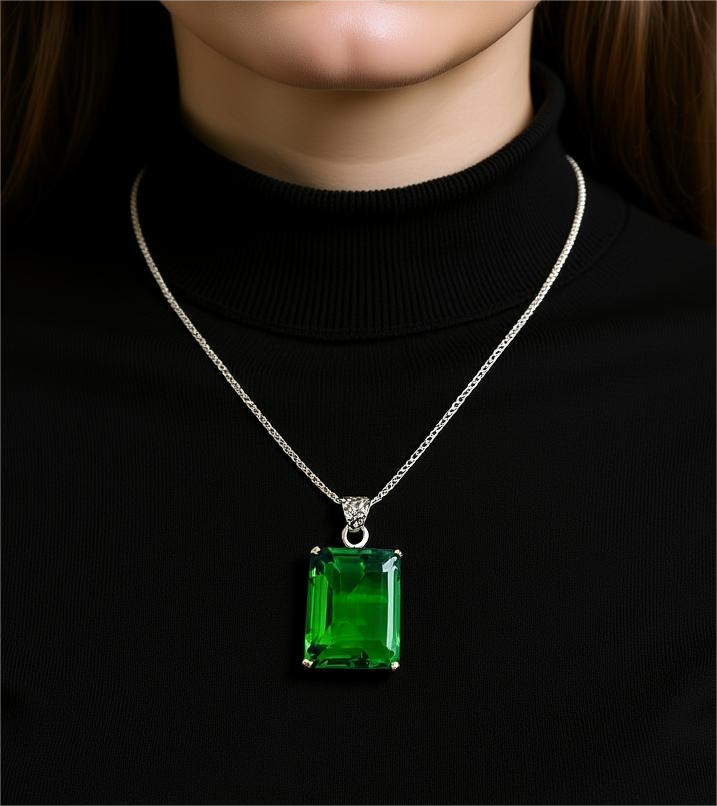 Handmade Green Emerald Cut Pendant Necklace: Healing Crystal Jewelry