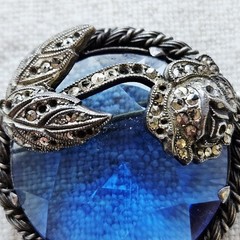 Rare Vintage Tomeco Slovaquie Flower Silver Marcasite Blue Stone Brooch Pin