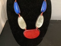 Vintage Red White Blue Adjustable Lucite Bib Necklace Bracelet Earrings MCM MOD