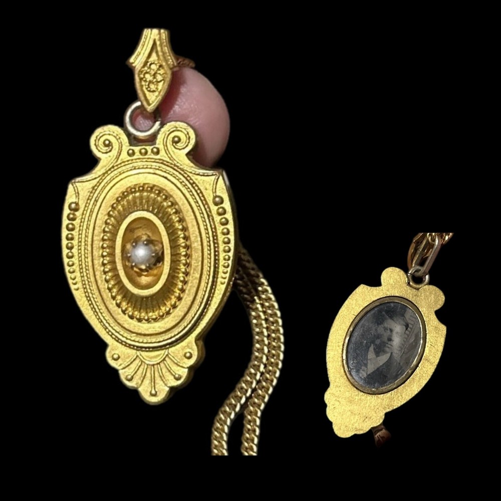 ANTIQUE c1860-1880 VICTORIAN 22K 15.6g ROLLED GOLD PHOTO PENDANT 12K GF CHAIN 22