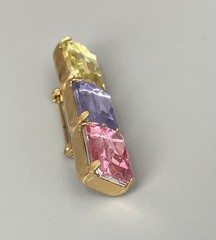 Vintage Gold Tone Metal Pink-Lavender-Yellow Plastic Stones Bar Brooch 2”