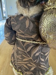 Old World Vintage Santa-Tapestry Gold Faux Fur-Stand Alone-18” Tall-Regal