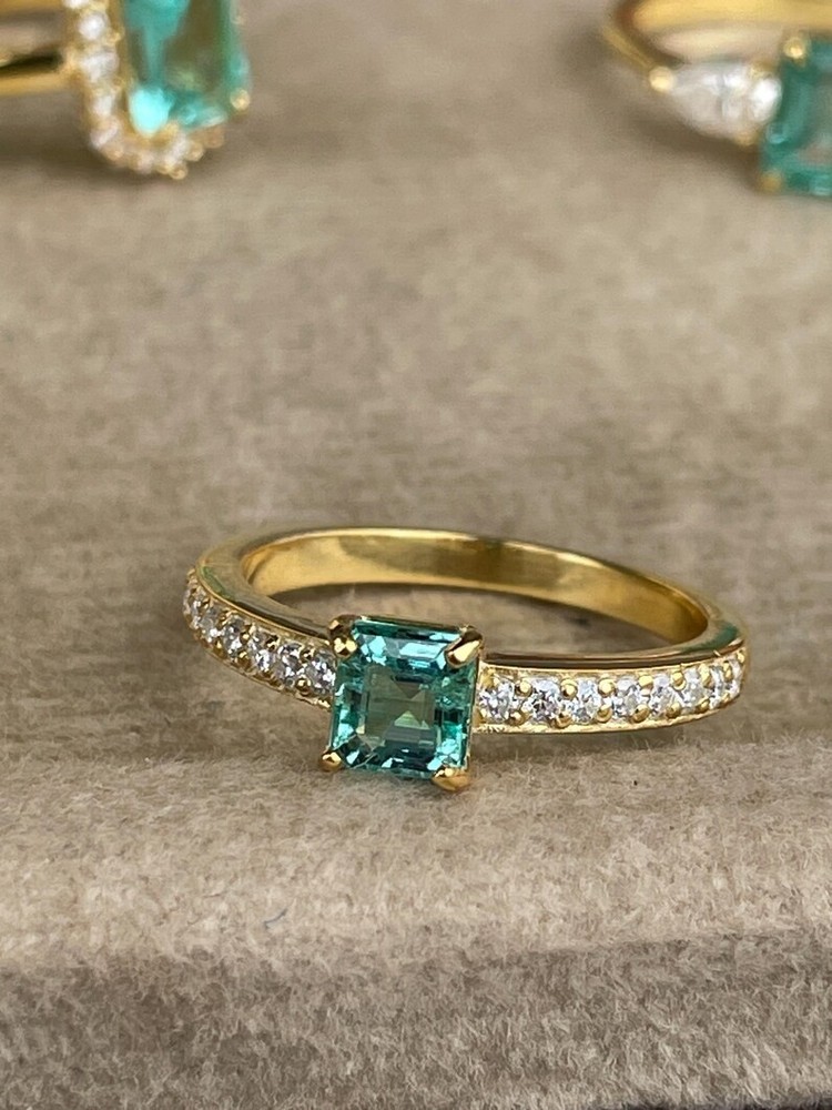 Emerald Cut Natural Emerald Ring with Moissanite Accent Band Handmade Ring