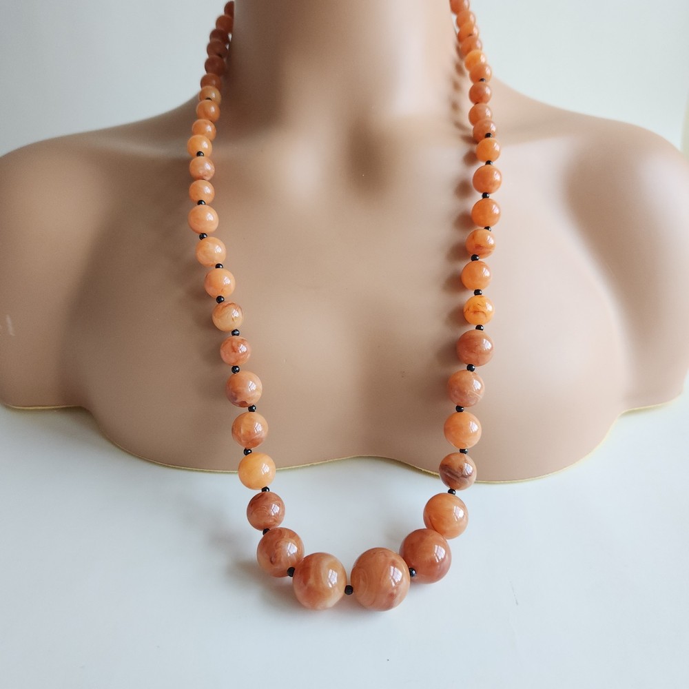 Peach Marbled Bead Necklace Statement Graduated Strand 30”