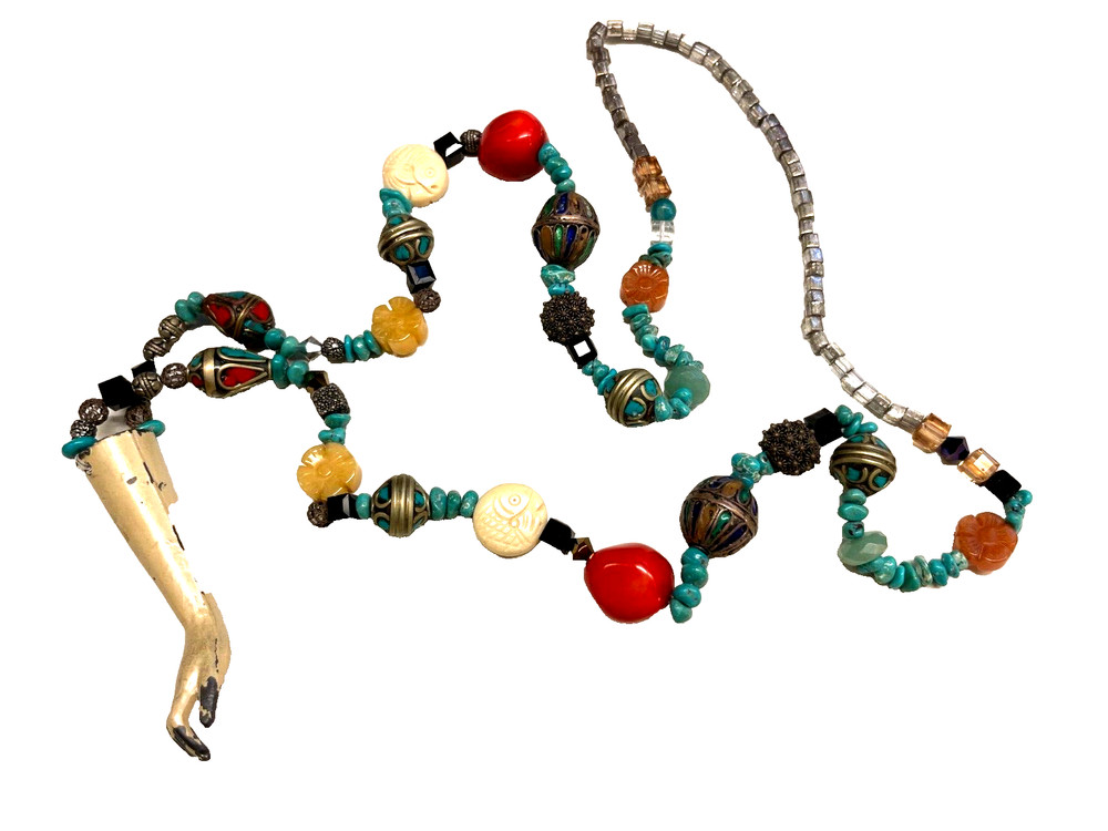 OOAK ARTIST MACABE MIXED BEAD NECKLACE ANTIQUE METAL DOLL ARM RIGHT HAND
