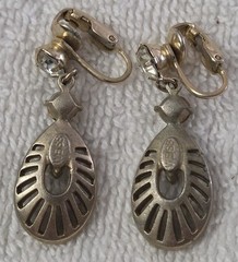 Vintage Textured Goldtone & Glass Rhinestone Dangle Drop Clip On Earrings Signed