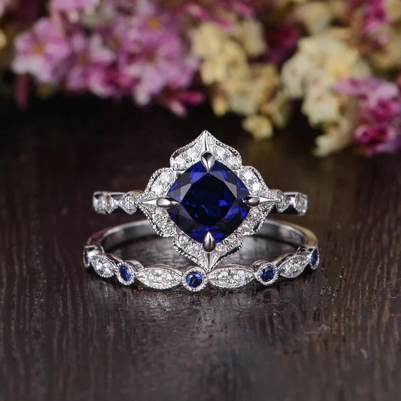 2.5Ct Art Deco Style Lab Created Diamond Sapphire Wedding 14K White Gold FN Ring