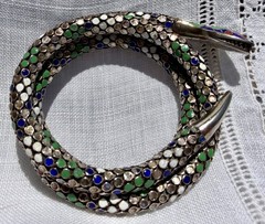 Antique German Art Deco Colorful Enamel SNAKE 935 Silver Wrap Bracelet