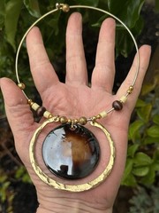Vintage Gold Tone Statement Artisan Ceramic Pendant Choker Bead Necklace