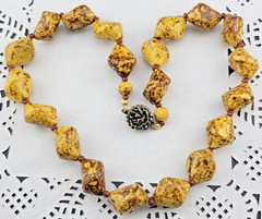 Chunky Vintage Signed Austria Brown Yellow Pottery Beads 18″ Necklace