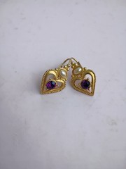 Vintage Gold Tone Matte Heart Leverback Drop Earrings Purple Rhinestone