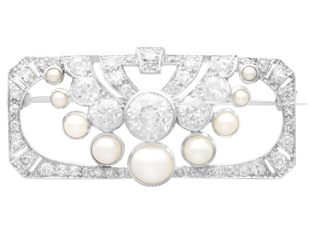 3.51ct Diamond and Pearl, Platinum Brooch – Art Deco – Antique Circa 1930