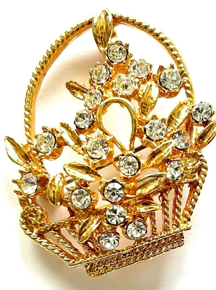 Vintage Rhinestone Brooch Pin Gold Tone Floral Basket Mint Condition