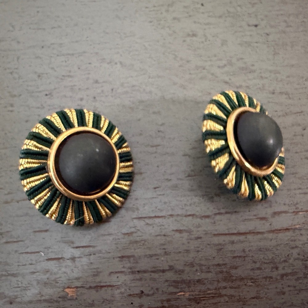 Vintage Green Gold Metallic Cord Wrapped Stud Button Earrings Cabochon 1.25″