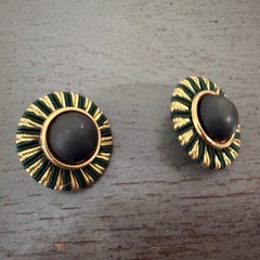 Vintage Green Gold Metallic Cord Wrapped Stud Button Earrings Cabochon 1.25″