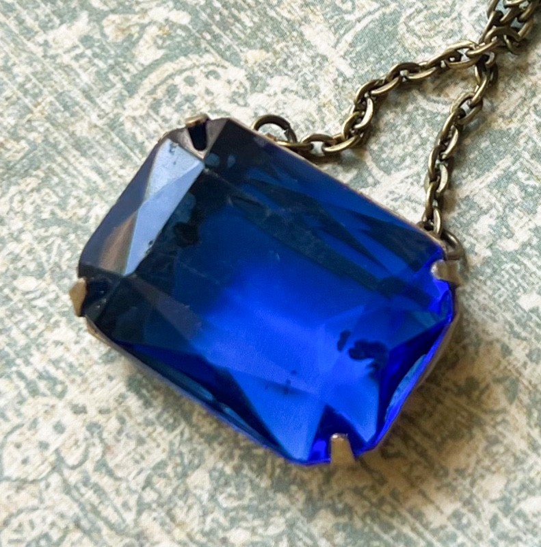 Vintage Necklace Art Deco Antique Blue Czech Glass Pendant