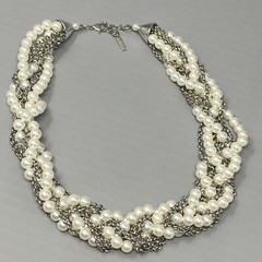 Sugarfix Baublebar Necklace Torsade Imitation Pearl Silver Tone Chain Twist 21″
