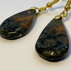 Brachiated Agate Green/Orange Earrings Gold-Plated French Wire Natural Gemstone