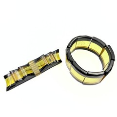 Antique Art Deco Black & Yellow Bakelite Prystal Stretch Bracelet Bow Brooch Set