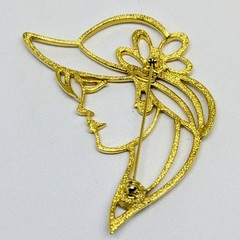 Vintage Gold-Tone Lady Profile In Hat Rhinestone Brooch Pin Signed Tona