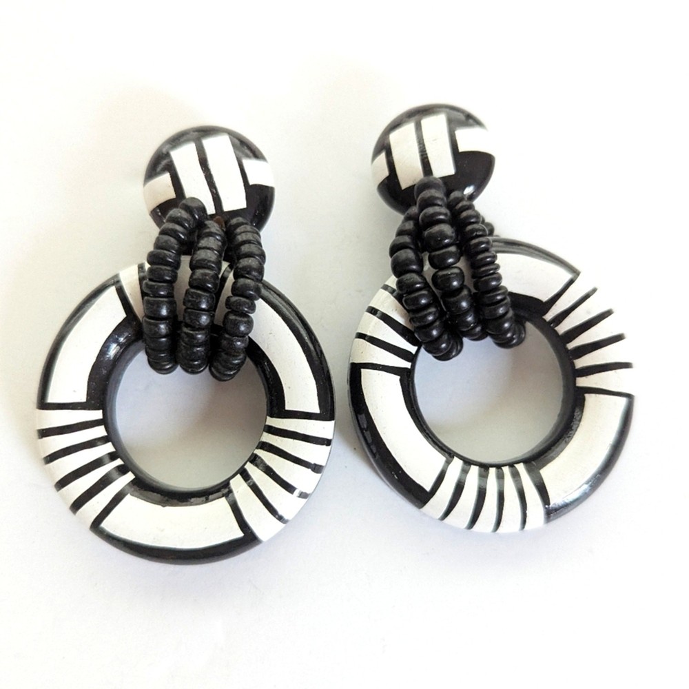 Vintage Boho Ethnic Tribal Wood Beaded Chunky Black White Statement Earrings