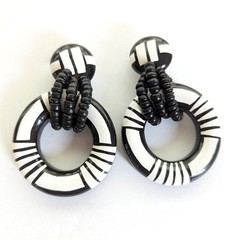 Vintage Boho Ethnic Tribal Wood Beaded Chunky Black White Statement Earrings