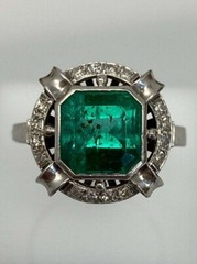 Art Deco Style 3.5 Ct Old Mine Cut Colombian Emerald Engagement Ring In Silver