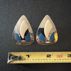 Vintage Silver Tone And Enamel Pierced Earrings Blue And Off White