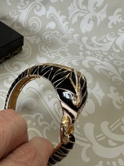 Vintage Jackie Collins Gold Black Enamel Panther Hinged Bracelet Rhinestones