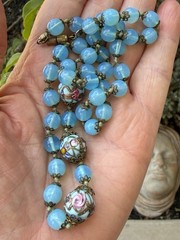 Antique Venetian Murano Wedding Cake Blue Opalescent Glass Beaded Necklace