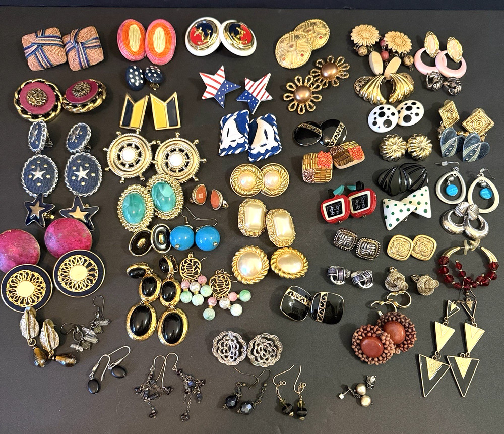 Vintage Costume Jewelry Earrings 80s 90s Y2K Pierced Clip Chunky Retro Lot 56x