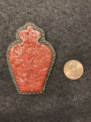 HUGE VINTAGE CHINESE EXPORT CARVED CINNABAR SILVER WASH ORNATE PIN *21.5 gm*