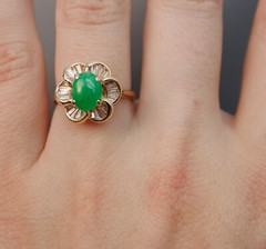 Apple Jade Diamond Baguette Daisy Halo 18k Gold Ballerina Ring