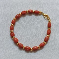 Natural Italy Red Coral Drum Beads Bracelet Brass Handmade CoralGemstone Jewelry